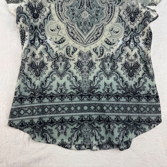 World Unity Womens Sage Green Navy Paisley Scoop Neck Rhinestone Knit Top Medium - Picture 4 of 7